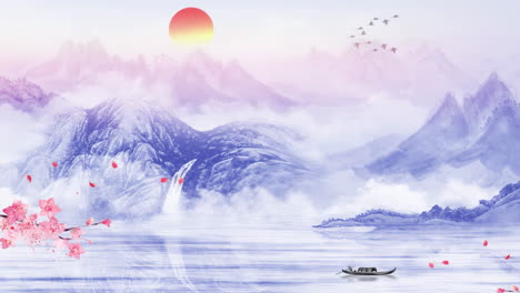 Dreamy-Chinese-style-ink-painting-plum-blossom-Fantasy-bright-ambience-landscape-of-beautiful-morning-sky,-mountains,-flowers,-lake,-with-simple-animation-in-Japanese-Chinese-anime-watercolour-style