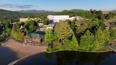 Aerial-view-of-the-shore-of-Mirror-Lake-in-Lake-Placid,-New-York