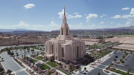 Tracking-Aerial-Shot-Of-Red-Cliffs-Utah-Temple