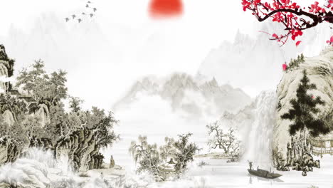 Fantasy-bright-ambience-landscape-of-beautiful-morning-sky,-mountains,-flowers,-lake,-ancient-house-with-simple-animation-Chinese-style-ink-concept-waterfall-plum-blossom-special-effects