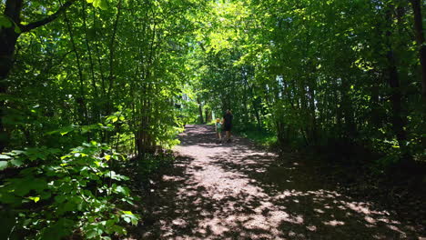 Walking-in-the-forest-shadow,-sun-light-shade-from-dense-forest,-trek-path