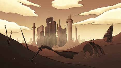 2D-Animation,-Sandsturm-In-Der-Wüste,-Welt-In-Trümmern,-Postapokalyptische-Zukunft,-Wie-Dune