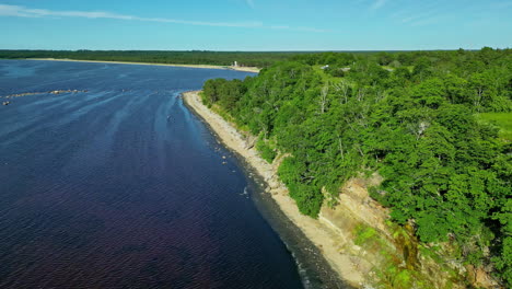 Acantilado-De-Türisalu-En-Estonia-Con-Un-Exuberante-Bosque-Verde-Y-Una-Costa-Azul,-Vista-Aérea