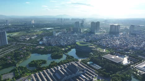 Vista-Aérea-Del-Horizonte-Del-Paisaje-Urbano-De-Hanoi,-Ciudad-Urbana-En-Vietnam