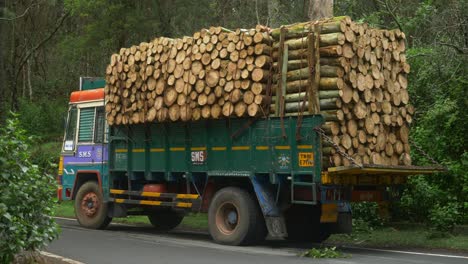 Ein-LKW,-Beladen-Mit-Holzpfählen,-Holzstämme-Gestapelt-Auf-Der-Straße-Vor-Waldhintergrund