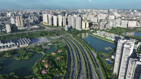 Aerial-skyline-view-of-Hanoi-cityscape,-urban-city-in-Vietnam