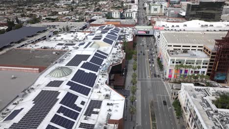 Aerial-view-of-solar-panels-on-roof-of-Glendale-Galleria-shopping-center,-California