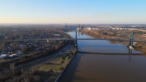 Aerial-View-of-Anthony-Wayne-Bridge-Over-Maumee-River-in-Toledo,-Ohio