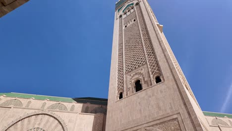 Tower-minaret-of-Hassan-II-Mosque,-outside-up-close,-Casablanca,-Morocco