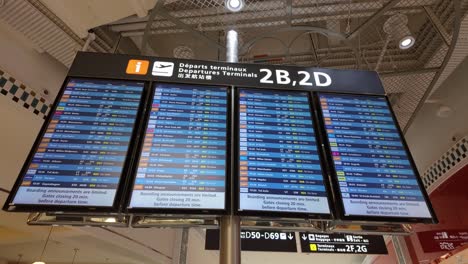 Departure-flight-information-display-screens-with-the-Terminal-2B-and-2D-schedules-at-the-Charles-de-Gaulle-Airport-in-Paris,-France