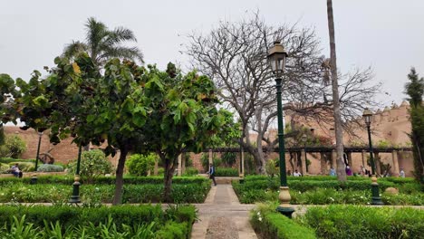 Andalusian-Gardens-in-Rabat,-Morocco,-walking-POV-touristic-attraction