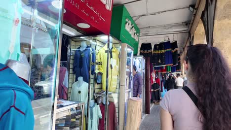 Clothing-market-inside-medina-of-Casablanca-Morocco,-arabic-islamic-shopping