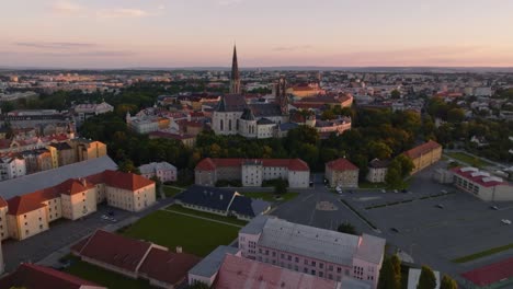 Aerial-pan-shot-of-historical-center-of-Sumperk-town-during-evening-in-Olomouc-Region,-Czech-Republic