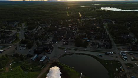 Aerial-view-overlooking-the-Levi-townscape,-summer-evening-in-Lapland,-Finland