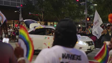 Pride-parade-and-celebration-at-night-in-Houston,-Texas