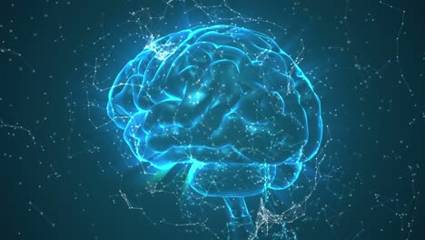 3D-Darstellung-Eines-Rotierenden-Menschlichen-Gehirns-Vor-Blauem-Hintergrund,-Wobei-Die-Neuronale-Struktur-Hervorgehoben-Wird,-Die-Wie-LED-Lichter-Beleuchtet-Ist