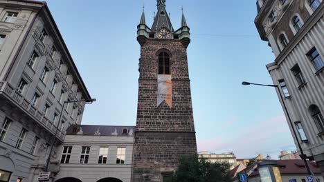 Historic-old-tower-in-Prague,-city-buildings,-architecture-view