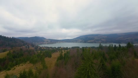 Drone-view-over-green-forest-trees-showcasing-beautiful-Colibita-lake-on-a-cloudy-day-with-stunning-carpathian-background