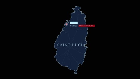 Mapa-Azul-Estilizado-De-La-Isla-Caribeña-De-Santa-Lucía-Con-La-Capital-De-Castries-Y-Coordenadas-Geográficas-Sobre-Fondo-Negro