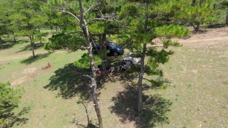 An-aerial-view-captures-a-group-of-people-camping-in-a-dense-pine-jungle