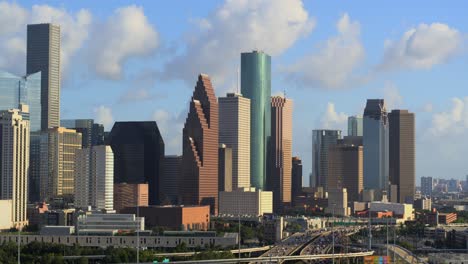 Drone-shot-of-downtown-Houston,-Texas-skyline-and-cityscape