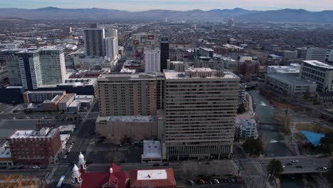 Aerial-View-of-Downtown-Reno-Nevada-USA,-Hotels-and-Apartment-Buildings,-Street-Traffic