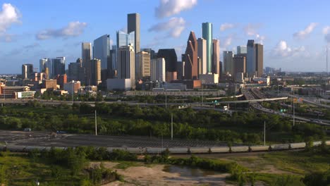 Drone-view-of-downtown-Houston,-Texas-and-surrounding-area-from-East-End-Houston