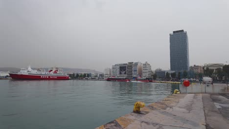 Piraeus-Harbour-port-in-Athens-Greece,-ferry-moored-on-the-Aegean-Sea