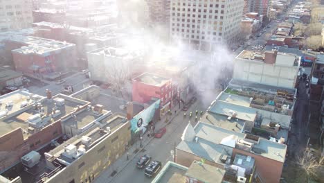 Demostration-and-Police-Security-at-City-Rally,-Montreal-Quebec,-Canada,-Aerial