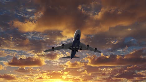 Passenger-airplane-take-off-against-the-backdrop-of-colorful-evening-skies,-symbolizing-the-concept-of-exploration,-freedom,-and-the-beginning-of-a-journey