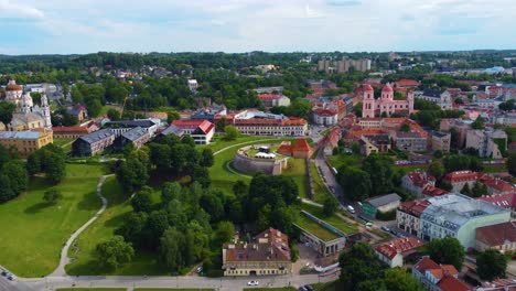 Vilnius,-Lithuania,-aerial-drone-shot-city-buildings-and-green-space,-Europe