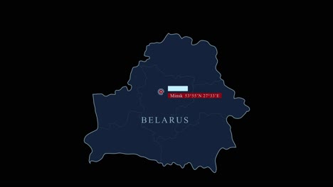 Blue-stylized-Belarus-map-with-Minsk-capital-city-and-geographic-coordinates-on-black-background