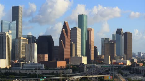 Establishing-shot-of-downtown-Houston,-Texas-on-cloudy-but-sunny-day