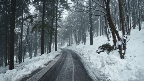 Verschneite-Waldstraße-Schlängelt-Sich-An-Einem-Nebligen-Wintertag-Durch-Hohe-Bäume