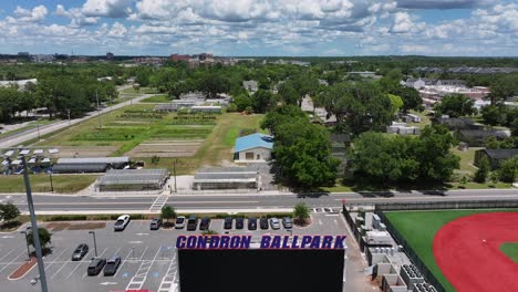 Aerial-flyover-Condron-Ballpark-Baseball-Stadium-in-Gainsville-City