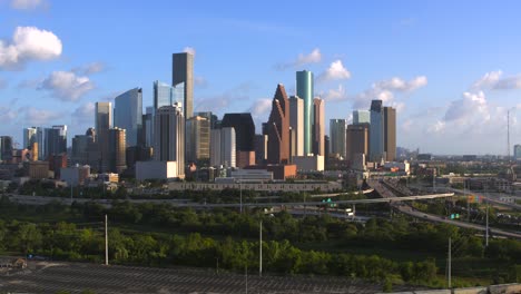 High-angle-establishing-shot-of-downtown-Houston,-Texas