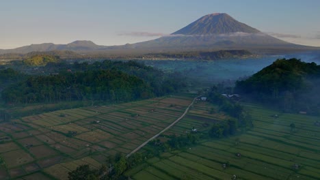 Orbital-drone-view-over-mist-covers-rice-fields-and-volcano-in-the-background