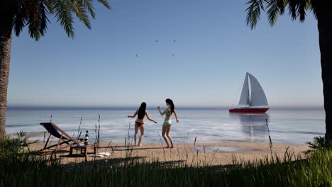Summer-time-fun,-women-dancing-wearing-bikini-on-sand-beach,-with-palm-trees,-seagulls,-and-sailing-ship-in-the-background,-day-time,-3D-animation