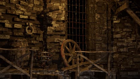 Scary-dark-dungeons-with-stone-walls,-old-barrels,-chains,-car-wheels,-iron-doors,-3D-animation