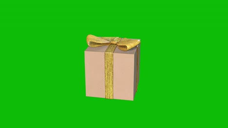 Gift-box-wrapped-in-cream-decorative-wrapping-paper-and-golden-ribbon-rotating-360-degrees-on-green-screen-3D-animation,-seamless-loop