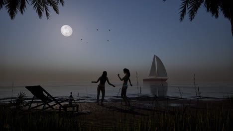 Summer-time-fun,-women-dancing-wearing-bikini-on-sand-beach,-with-palm-trees,-seagulls,-and-sailing-ship-in-the-background,-night-time,-3D-animation,-camera-dolly-left