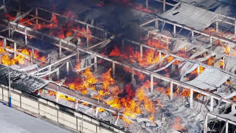 Telephoto-drone-view-of-red-hot-flames-ravaging-factory-in-industrial-zone