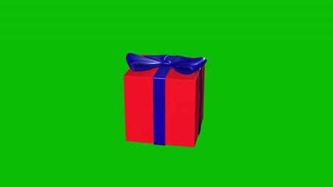 Gift-box-wrapped-in-red-decorative-wrapping-paper-and-blue-ribbon-rotating-360-degrees-on-green-screen-3D-animation,-seamless-loop