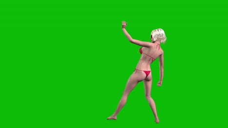 3D-weibliche-Figur,-Frau-Mit-Blondem-Haar-Und-Nasser-Haut,-Trägt-Rote-Bikini-Badebekleidung-Und-Sonnenbrille,-Tanzende-Wellen-Auf-Grünem-Bildschirm,-3D-Animation,-Rückansicht