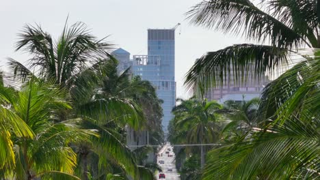 Aufsteigende-Drohnenaufnahme-Der-Tropical-Avenue-In-West-Palm-Beach-City-An-Einem-Sonnigen-Tag