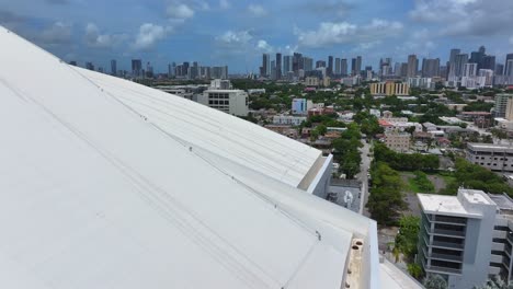 Aerial-establishing-shot-of-LoanDepot-Park-in-Little-Havana-with-skyline-of-Downtown-in-background