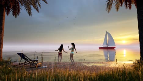 Summer-time-fun,-women-dancing-wearing-bikini-on-sand-beach,-with-palm-trees,-seagulls,-and-sailing-ship-in-the-background,-sunset-time,-3D-animation