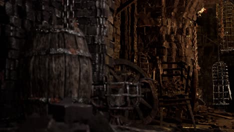 Scary-dark-dungeons-with-stone-walls,-old-barrels,-chains,-car-wheels,-iron-doors,-and-fires,-3D-animation-camera-dolly-right