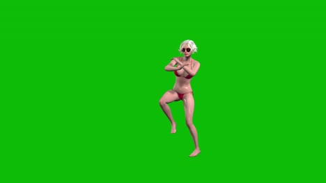 3D-female-character,-woman-with-blond-hair-and-wet-skin,-wearing-red-bikini-swimming-wear-and-sunglasses,-dancing-down-style-on-green-screen,-3D-animation,-front-view