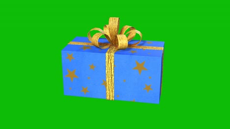 Gift-box-wrapped-in-blue-decorative-wrapping-paper-and-golden-ribbon-rotating-360-degrees-on-green-screen-3D-animation,-seamless-loop